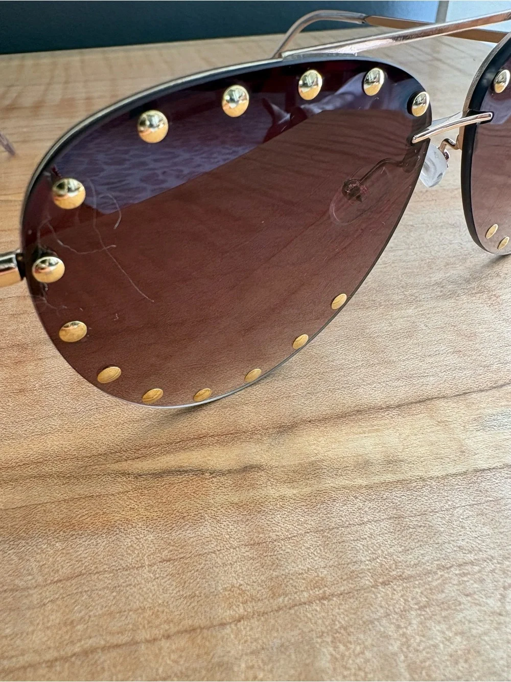 Gold Rimless Studded Brown Gradient Aviator Sunglasses - Women Accessories